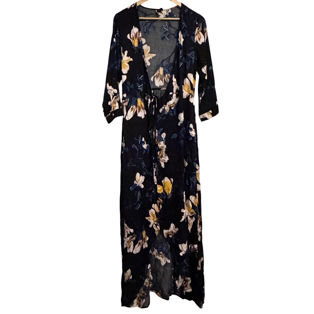 Knot Sisters Black Floral V-Neck Tie Front Maxi Dress Duster KSFA18D23 Womens L